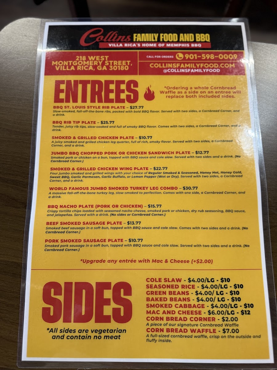 Collins Family Food and BBQ menu board