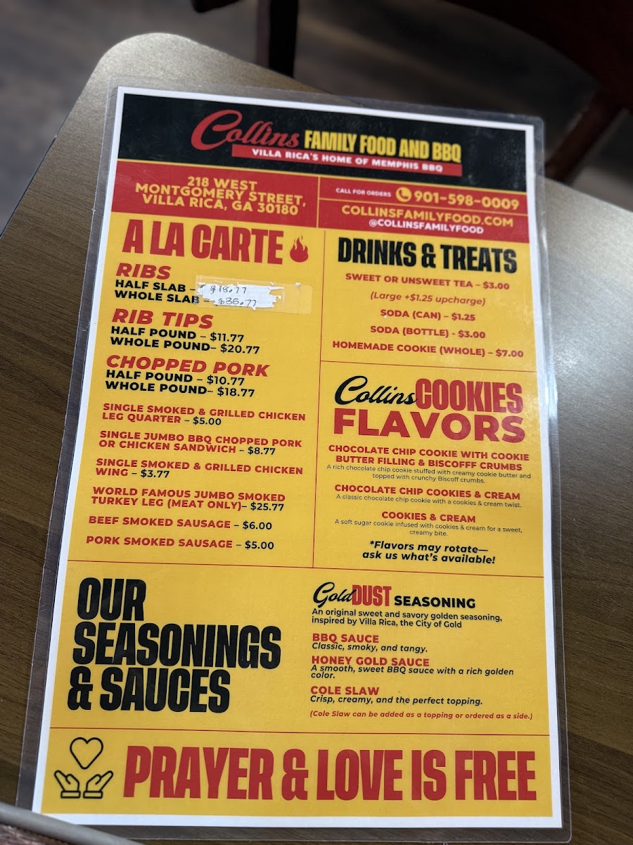 Collins Family Food and BBQ menu board