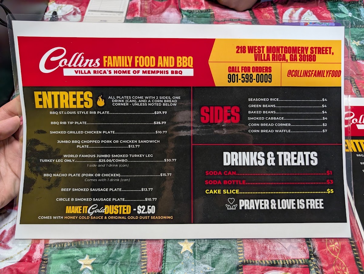Collins Family Food and BBQ menu board