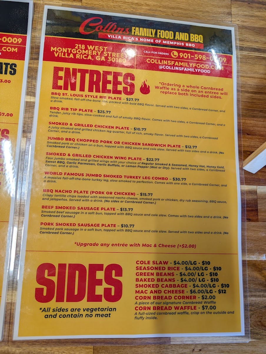 Collins Family Food and BBQ menu board