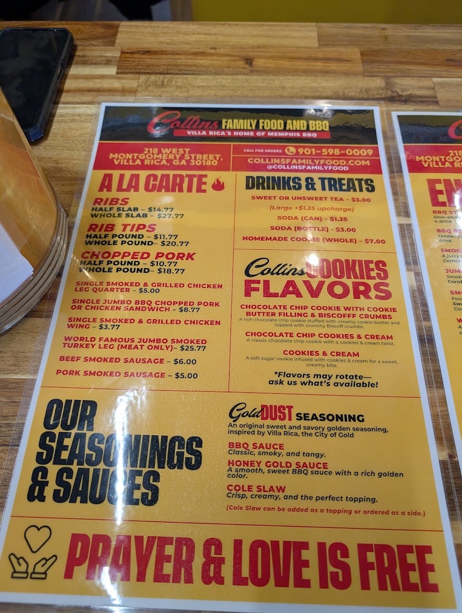 Collins Family Food and BBQ menu board