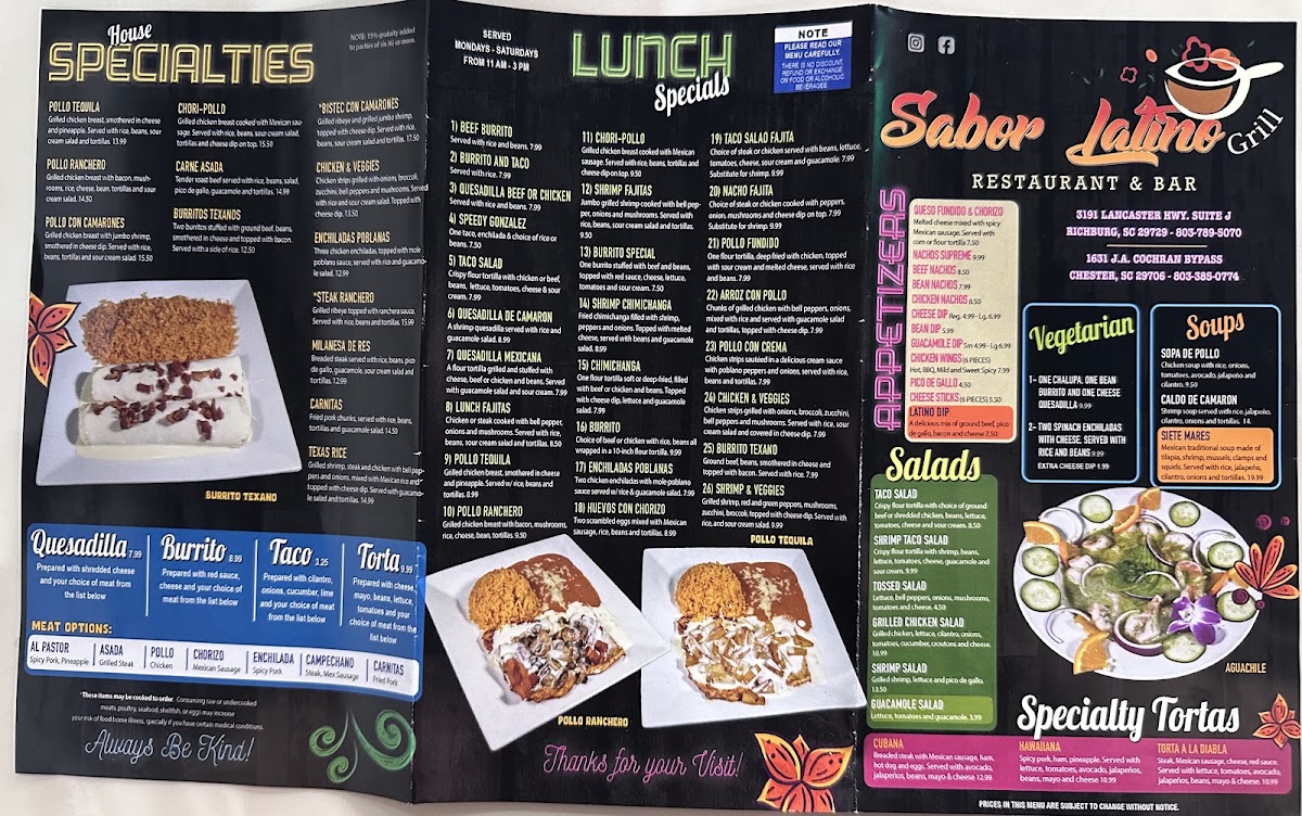 Sabor Latino Restaurant And Bar menu board