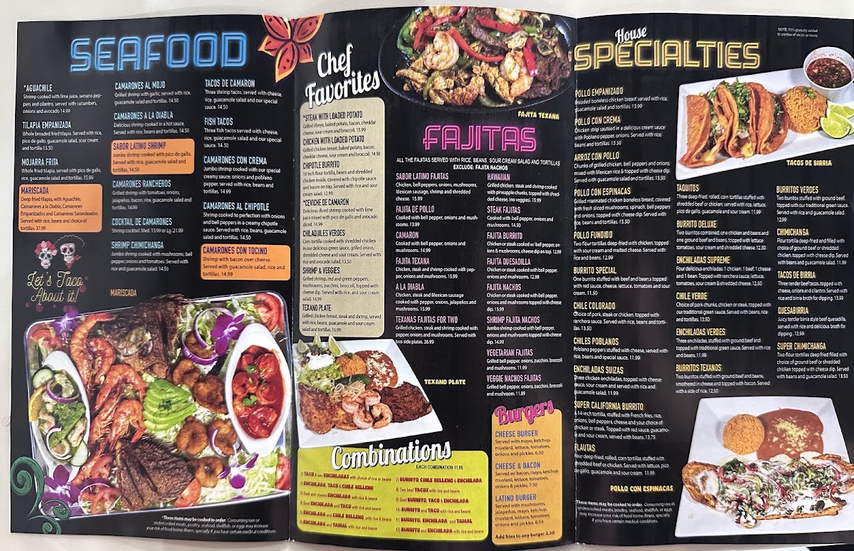 Sabor Latino Restaurant And Bar menu board