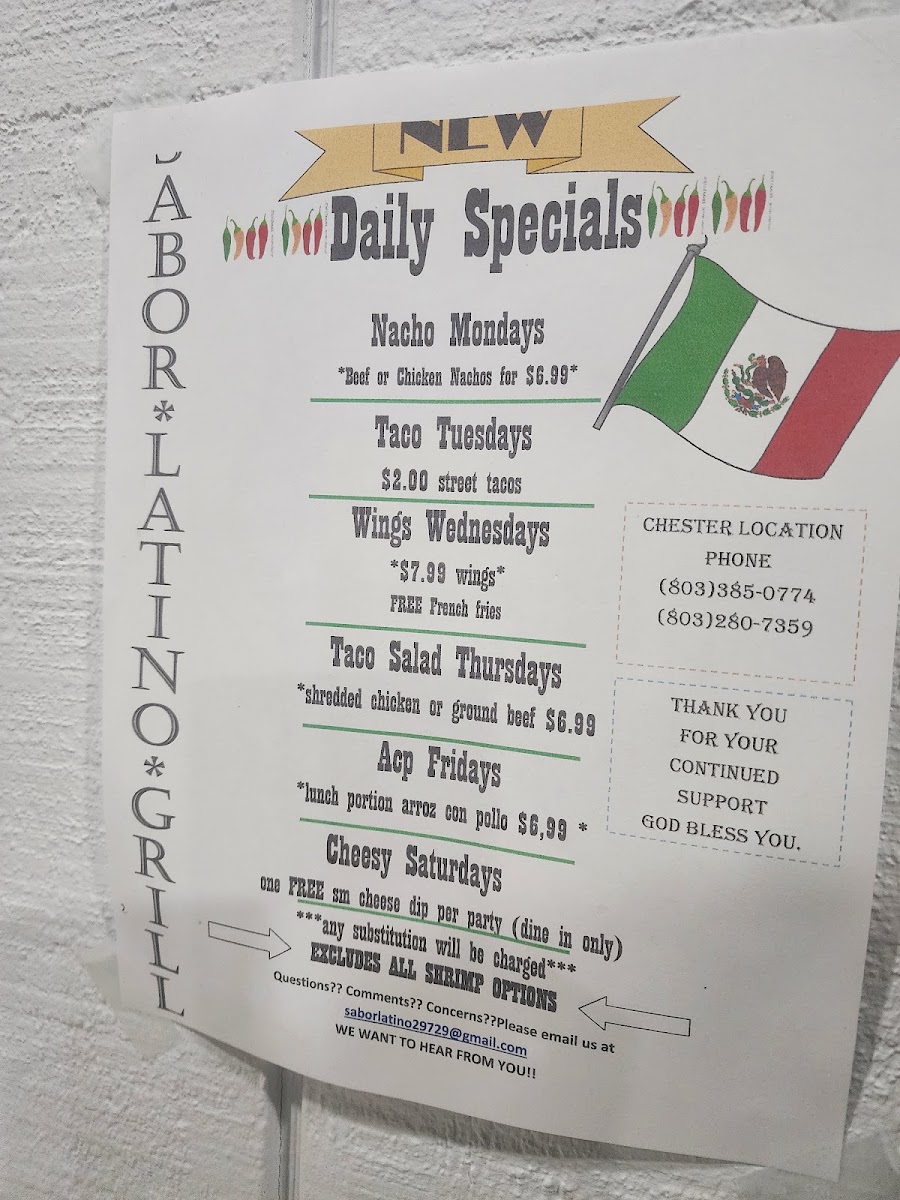 Sabor Latino Restaurant And Bar menu board