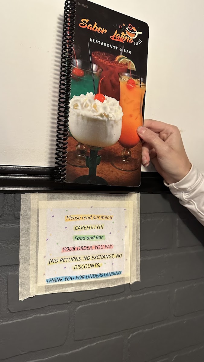 Sabor Latino Restaurant And Bar menu board