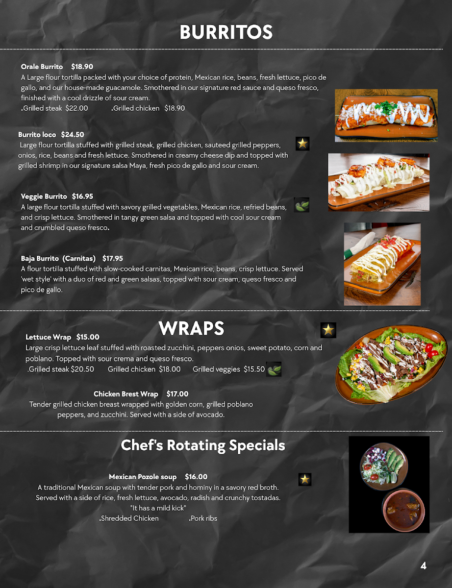 Orale Mexican Restaurant menu board