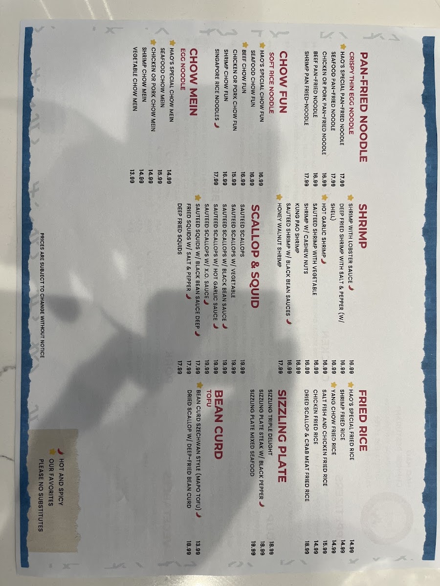 Hao Hao chinese restaurant menu board