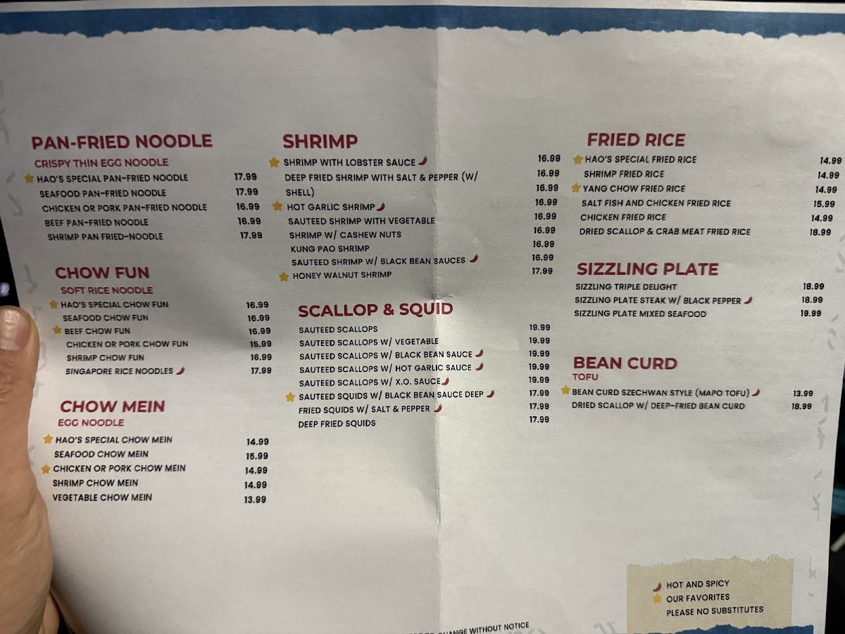 Hao Hao chinese restaurant menu board