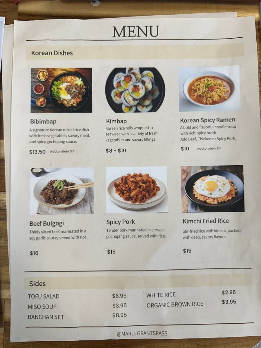 Maru Korean & Sushi menu board