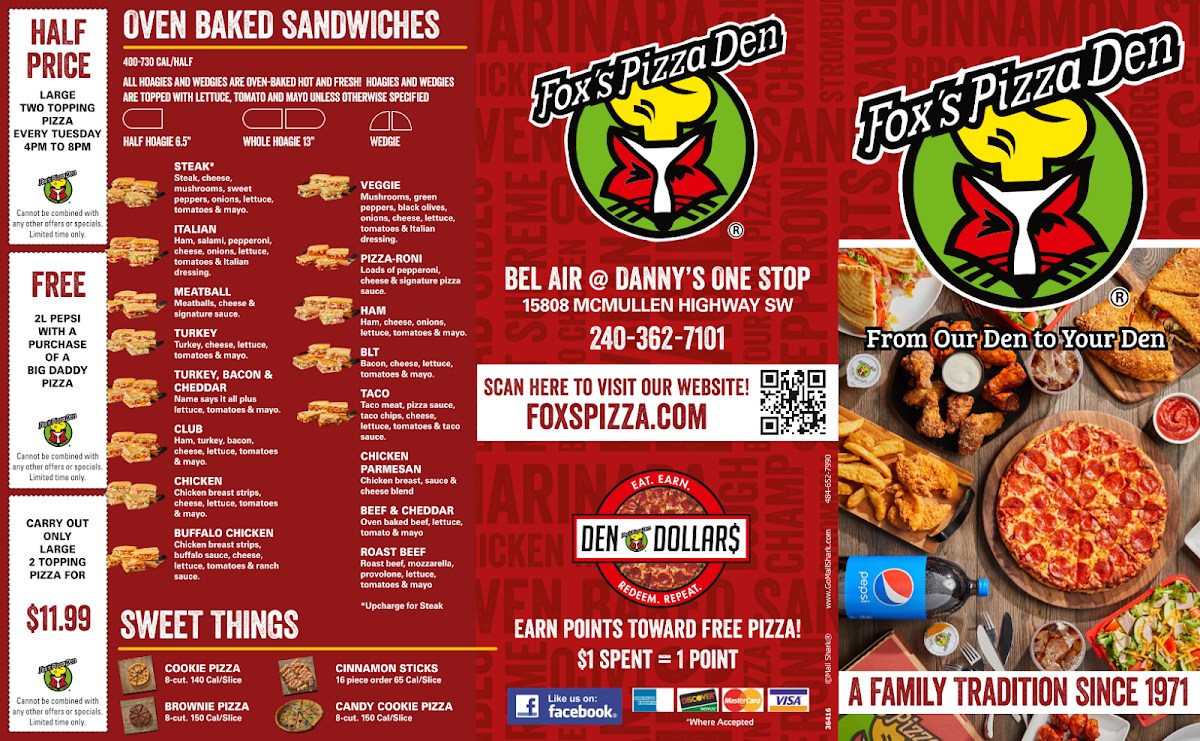 Fox’s Pizza Den menu board