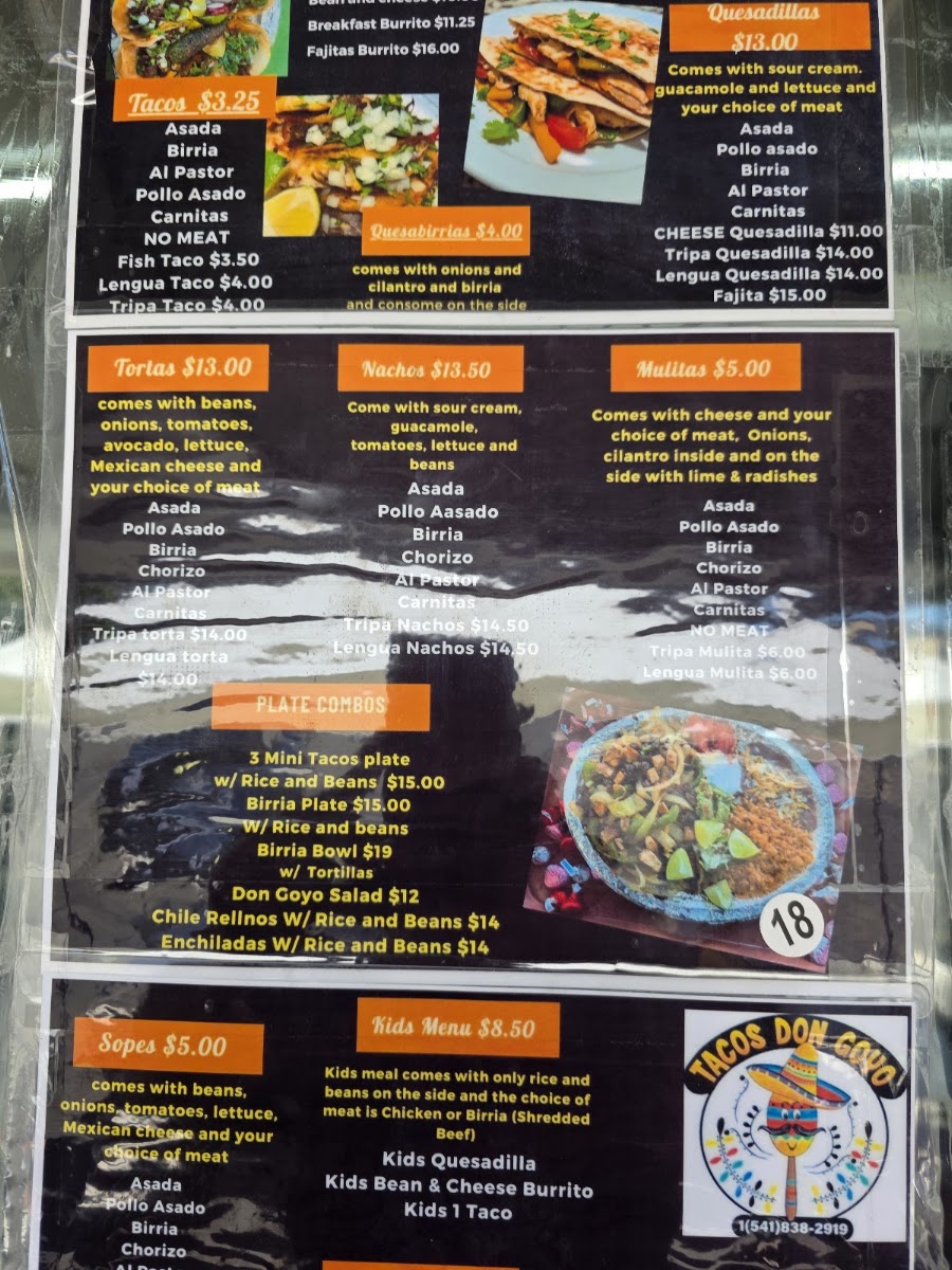 Tacos Don Goyo menu board
