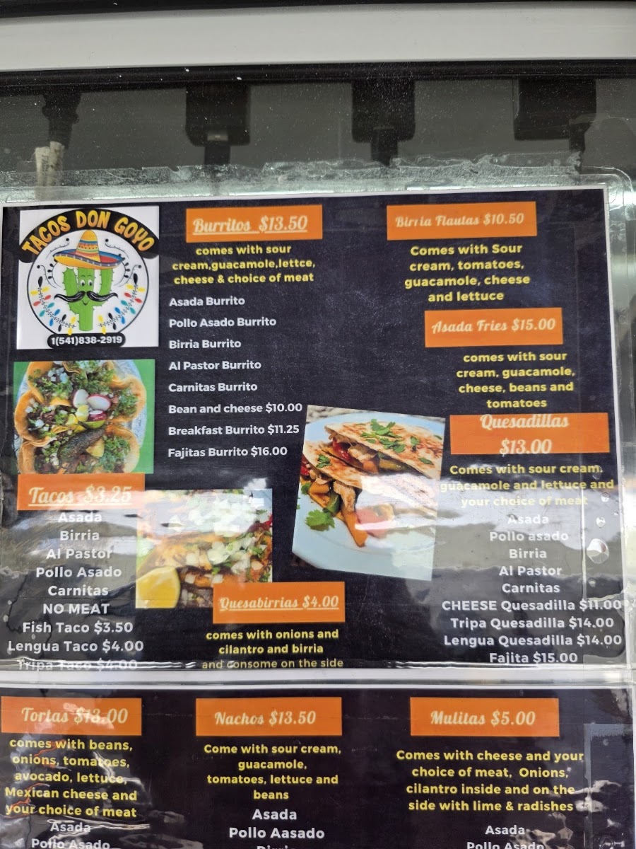 Tacos Don Goyo menu board