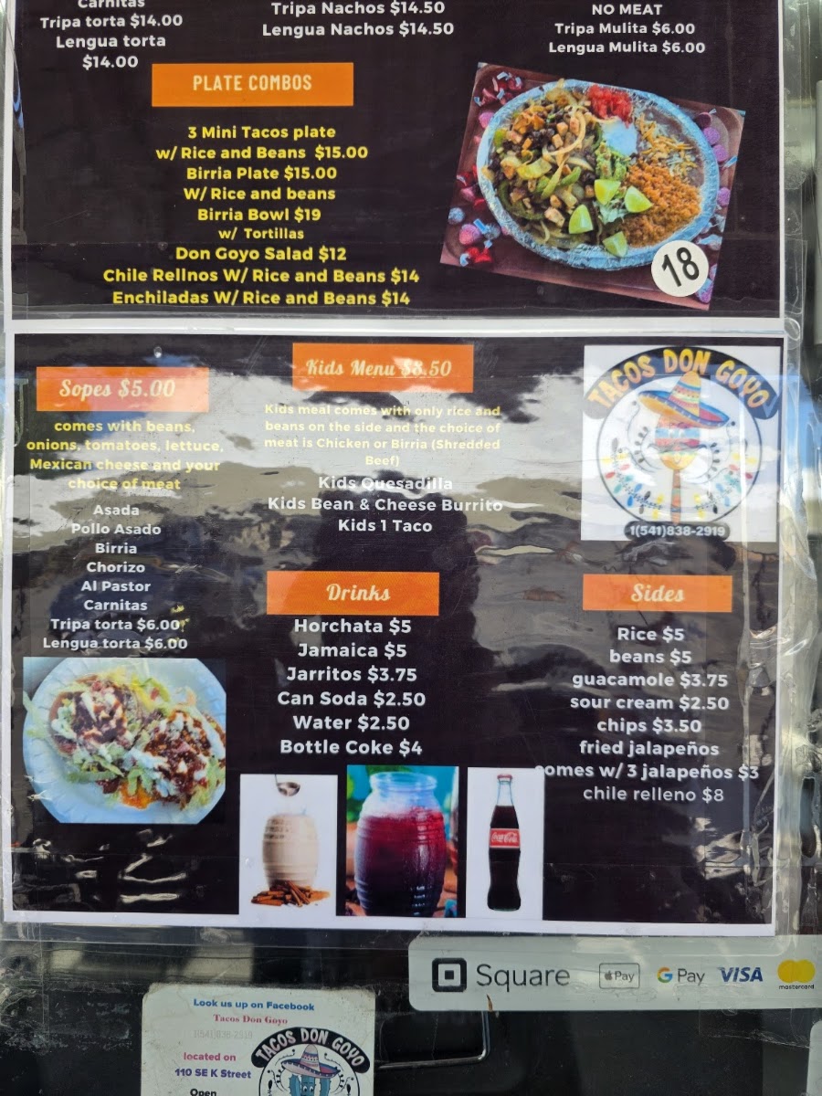 Tacos Don Goyo menu board