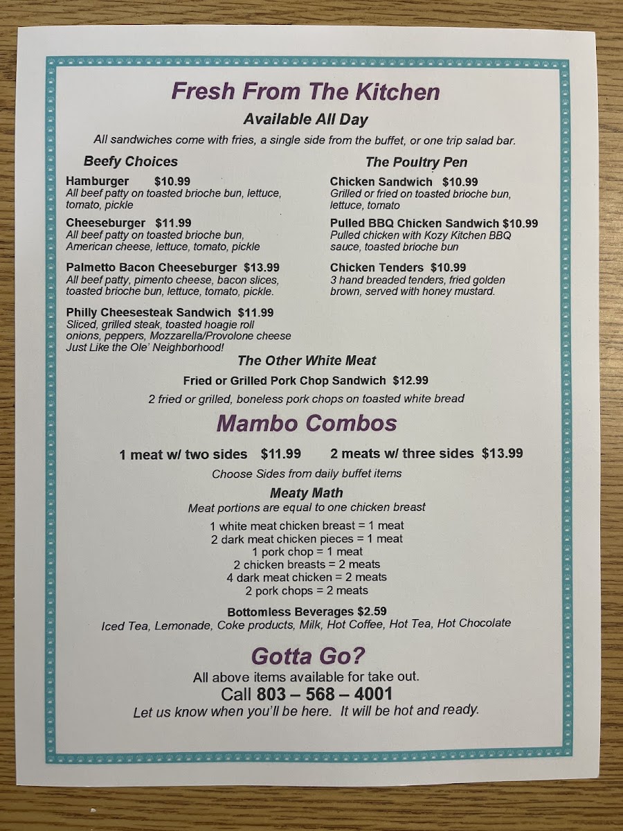 The Kozy Kitchen menu board