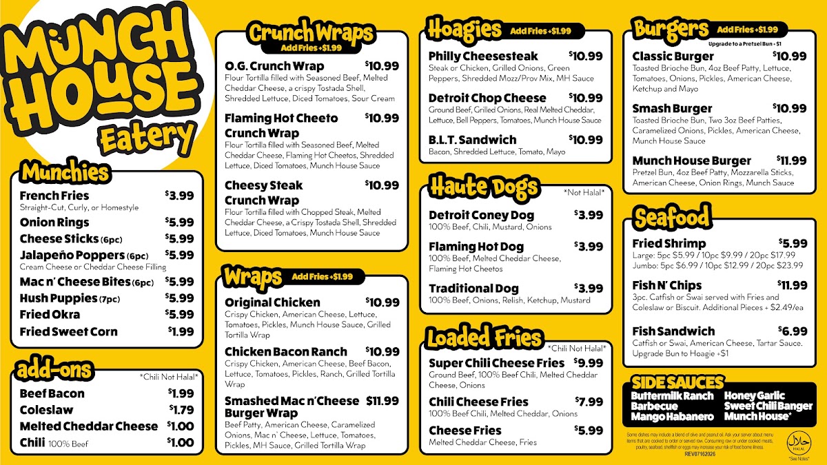 Munch House Eatery (Burgers, Wraps, Hoagies) menu board