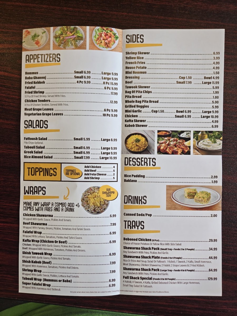 Shawarma Shack menu board