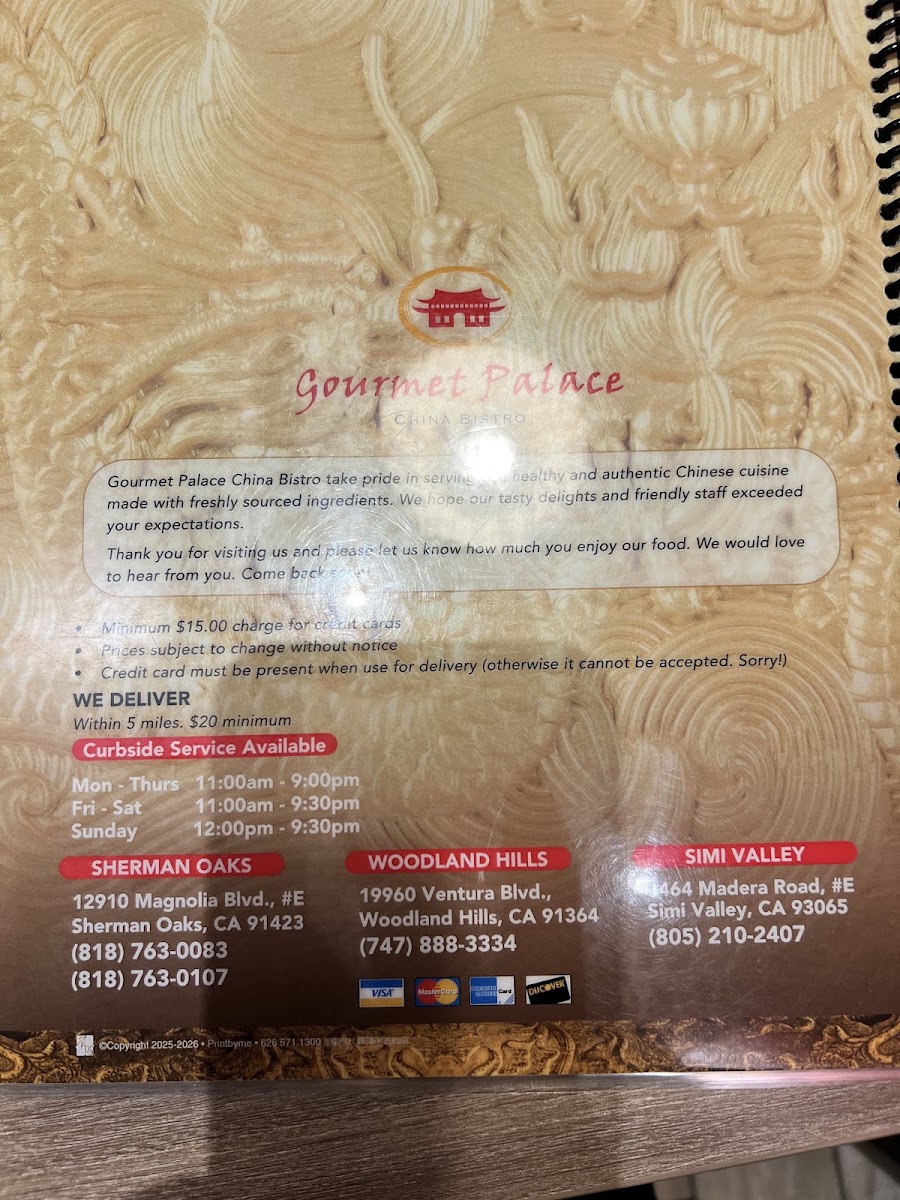 Gourmet Palace China Bistro menu board