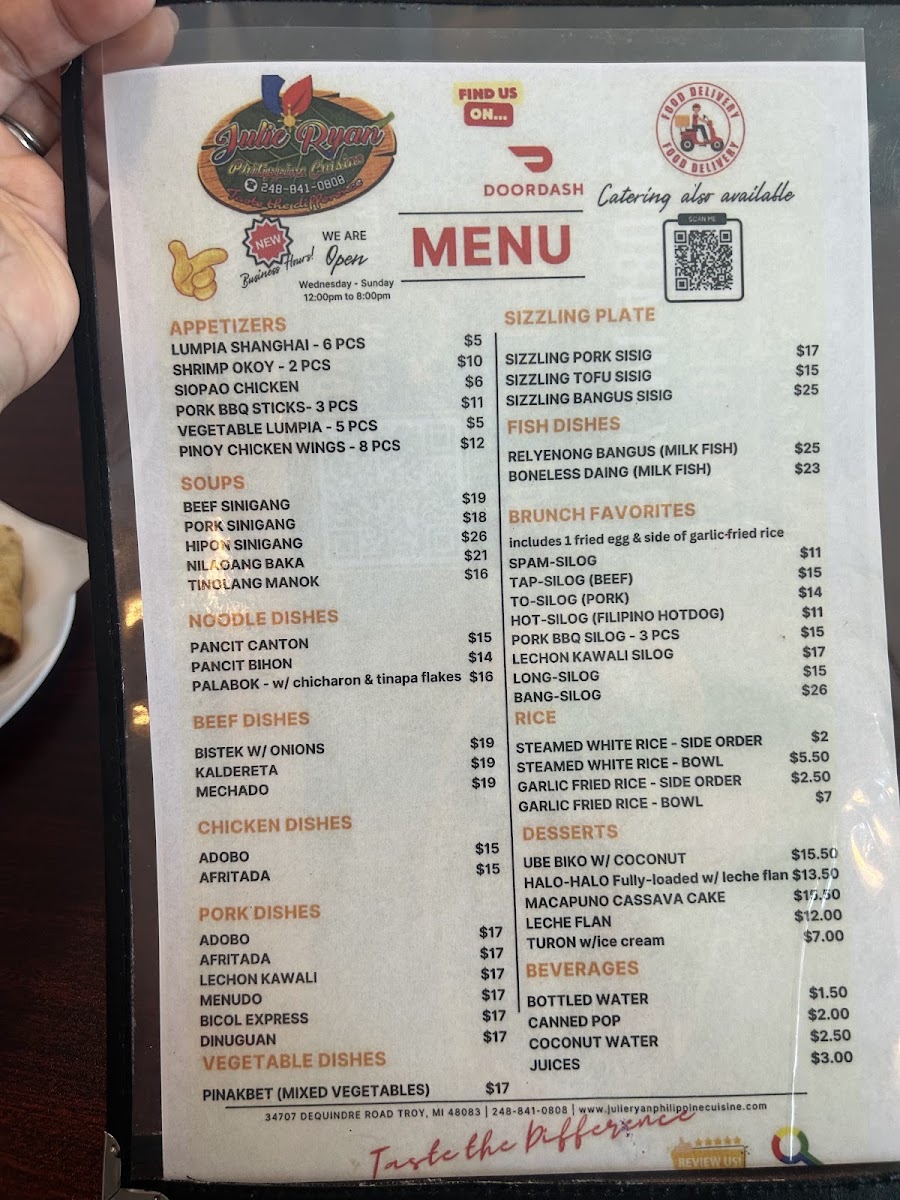 Julie Ryan Philippine Cuisine menu board