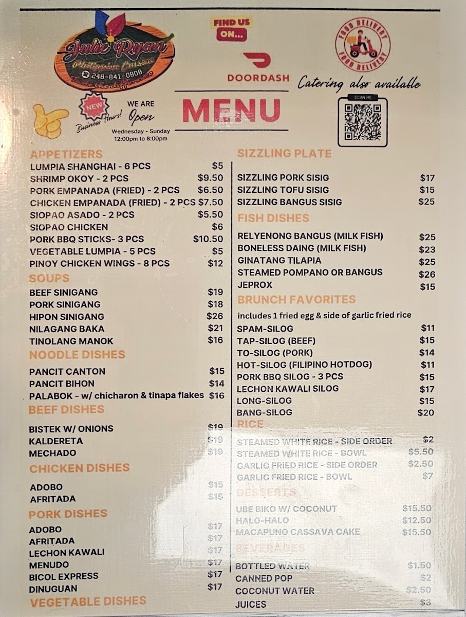 Julie Ryan Philippine Cuisine menu board