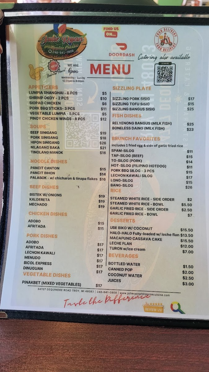 Julie Ryan Philippine Cuisine menu board