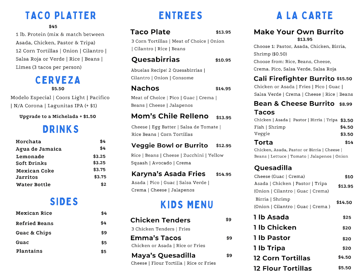 La Hacienda Taqueria menu board