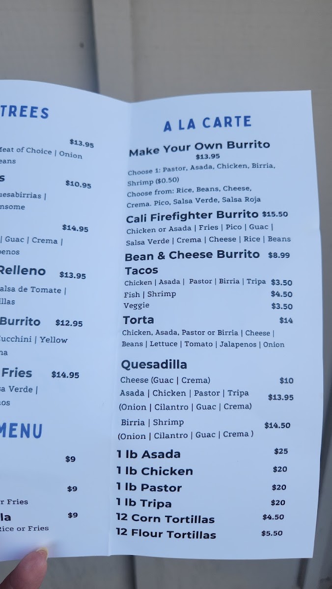 La Hacienda Taqueria menu board