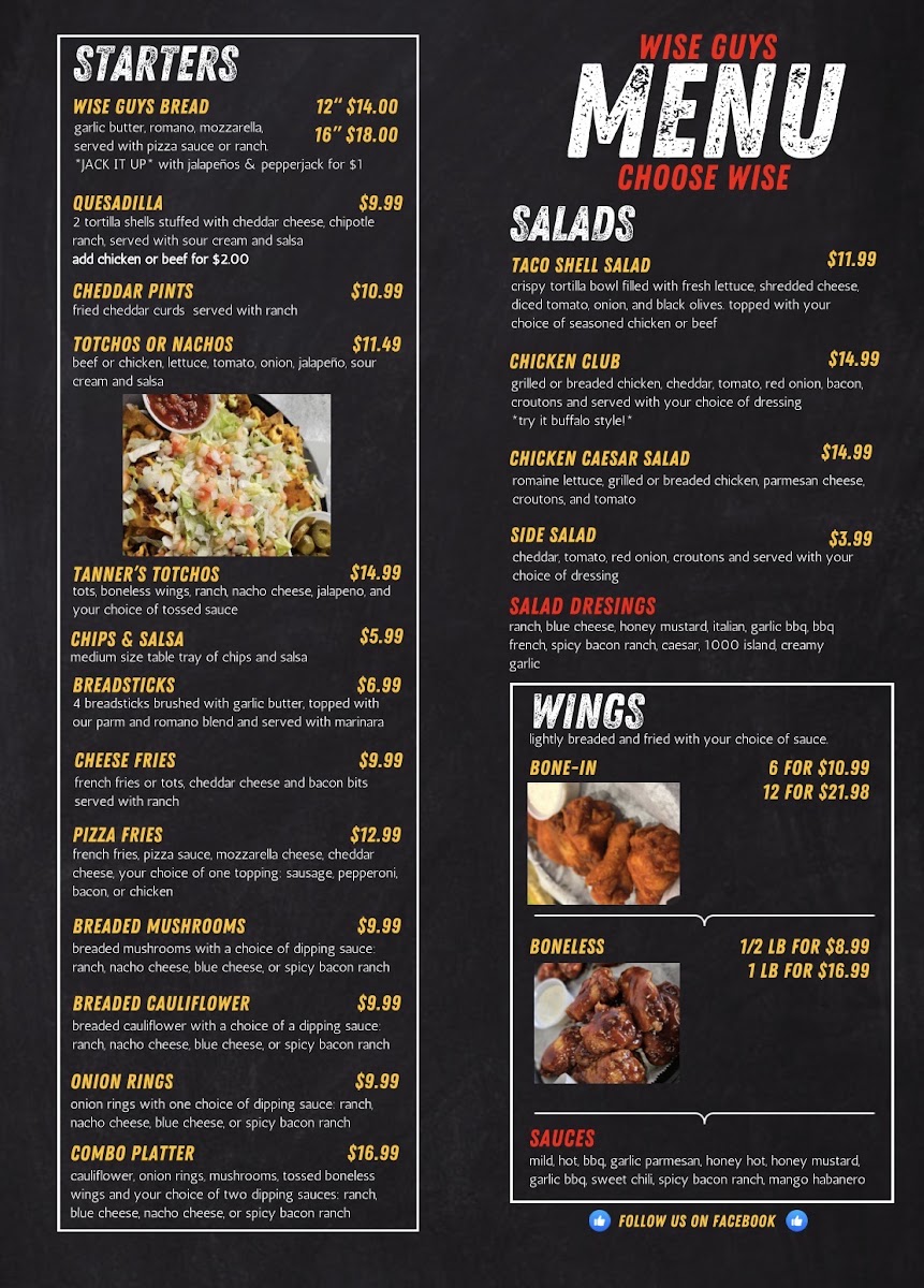 Wise Guys Pizza & Pub menu board