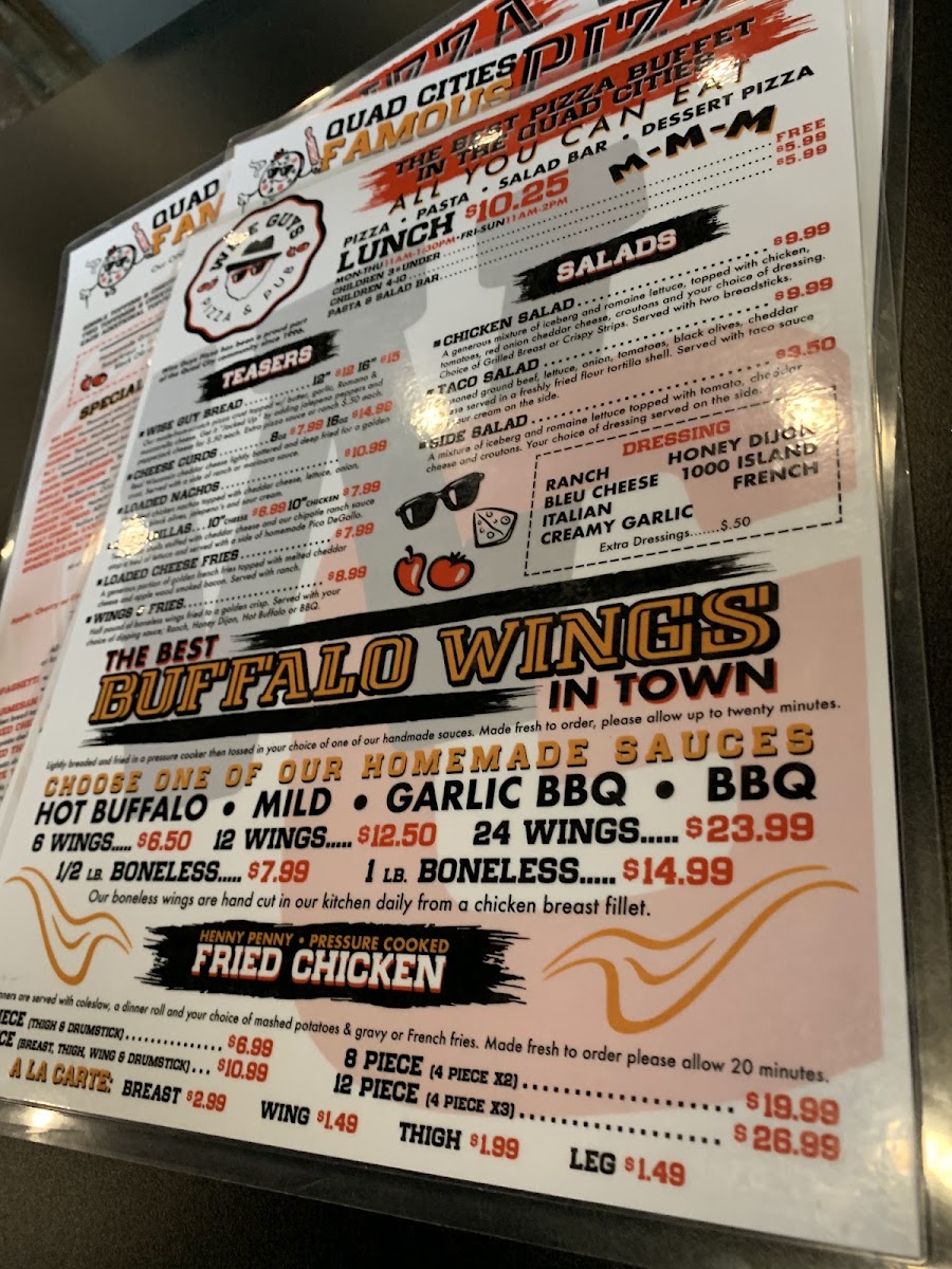 Wise Guys Pizza & Pub menu board