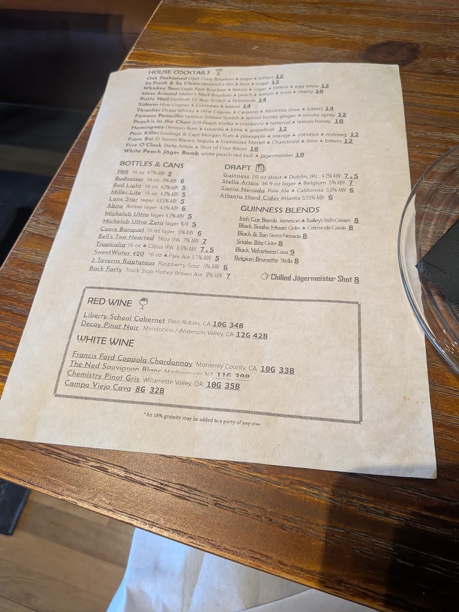 Live Oak Restaurant & Tap menu board