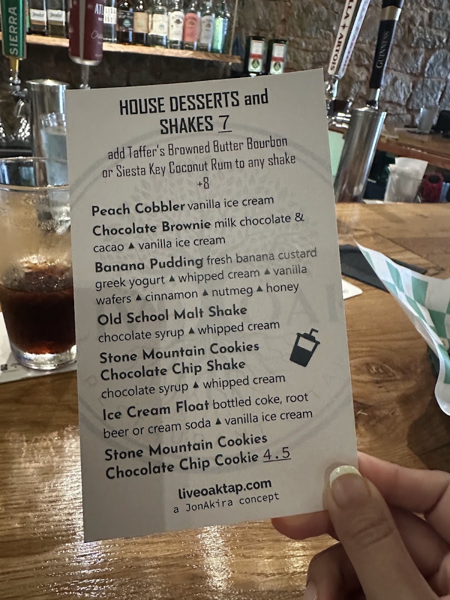 Live Oak Restaurant & Tap menu board