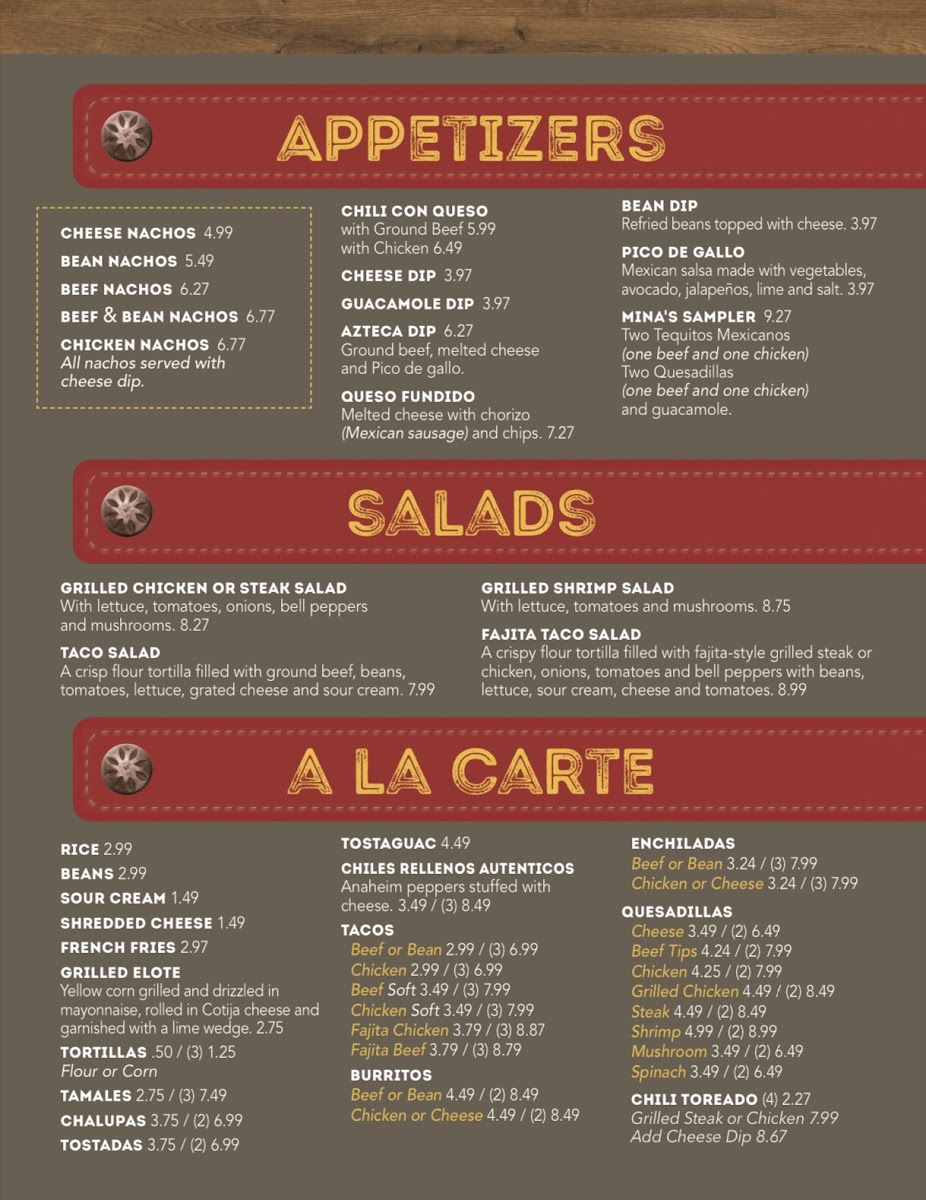 Minas Mexican Grill menu board