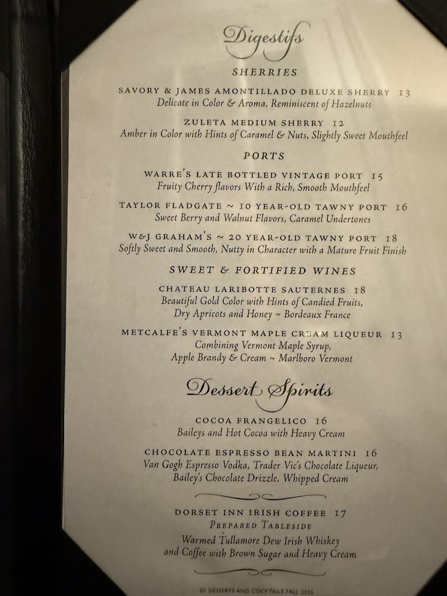 Dorset Inn Restaurant and Tavern menu board