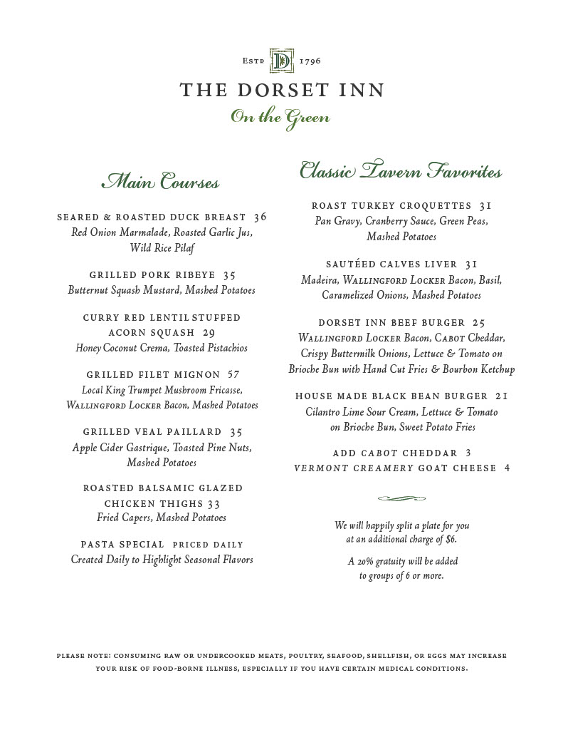 Dorset Inn Restaurant and Tavern menu board