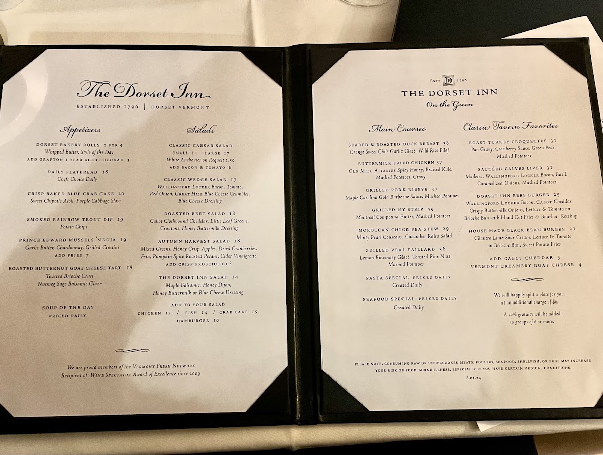 Dorset Inn Restaurant and Tavern menu board