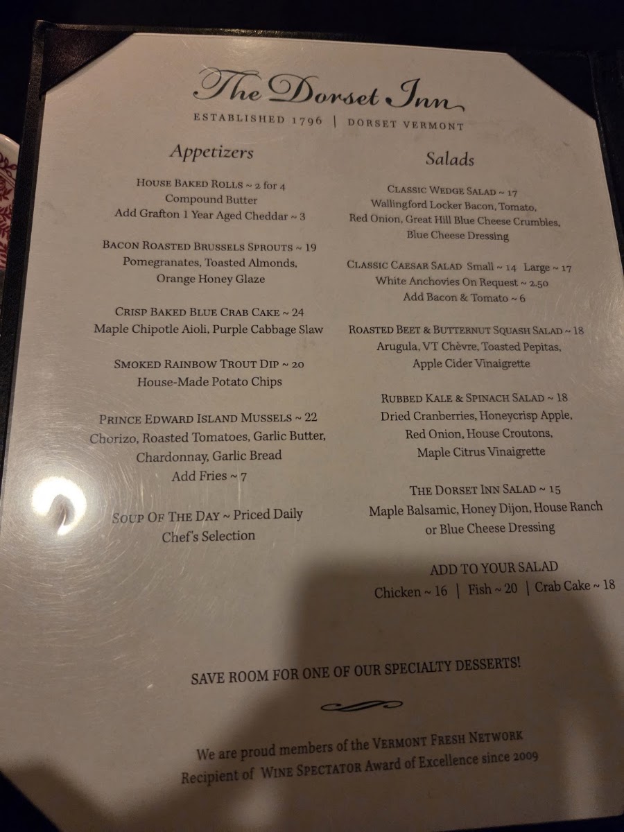 Dorset Inn Restaurant and Tavern menu board