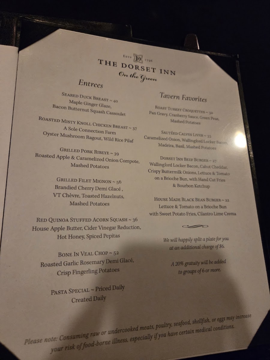 Dorset Inn Restaurant and Tavern menu board
