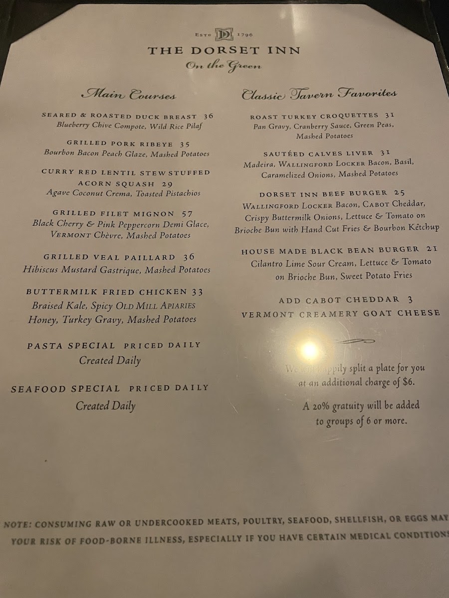 Dorset Inn Restaurant and Tavern menu board