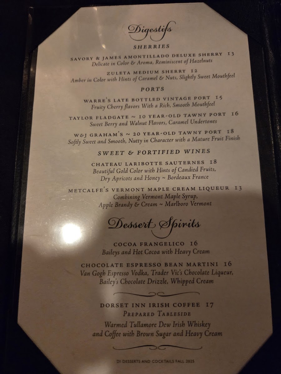 Dorset Inn Restaurant and Tavern menu board