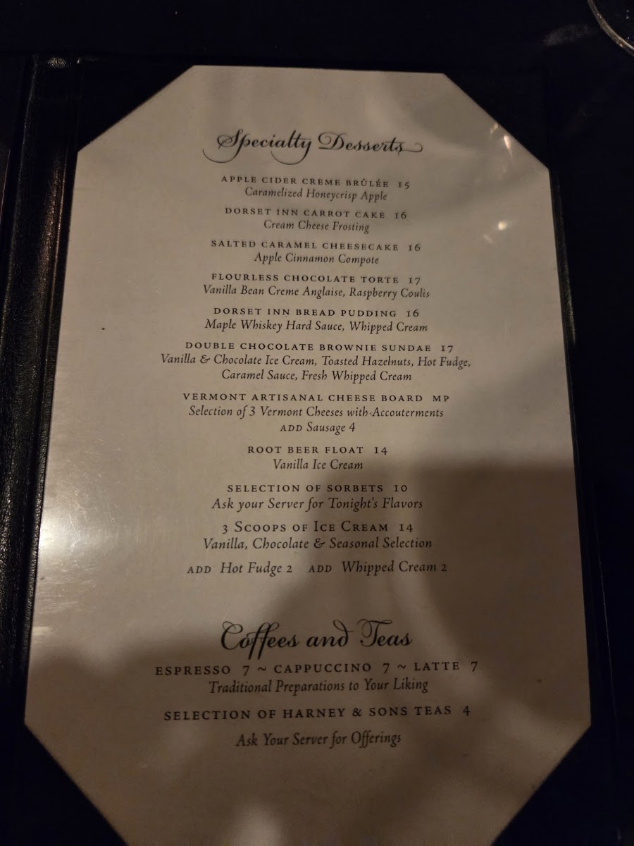 Dorset Inn Restaurant and Tavern menu board