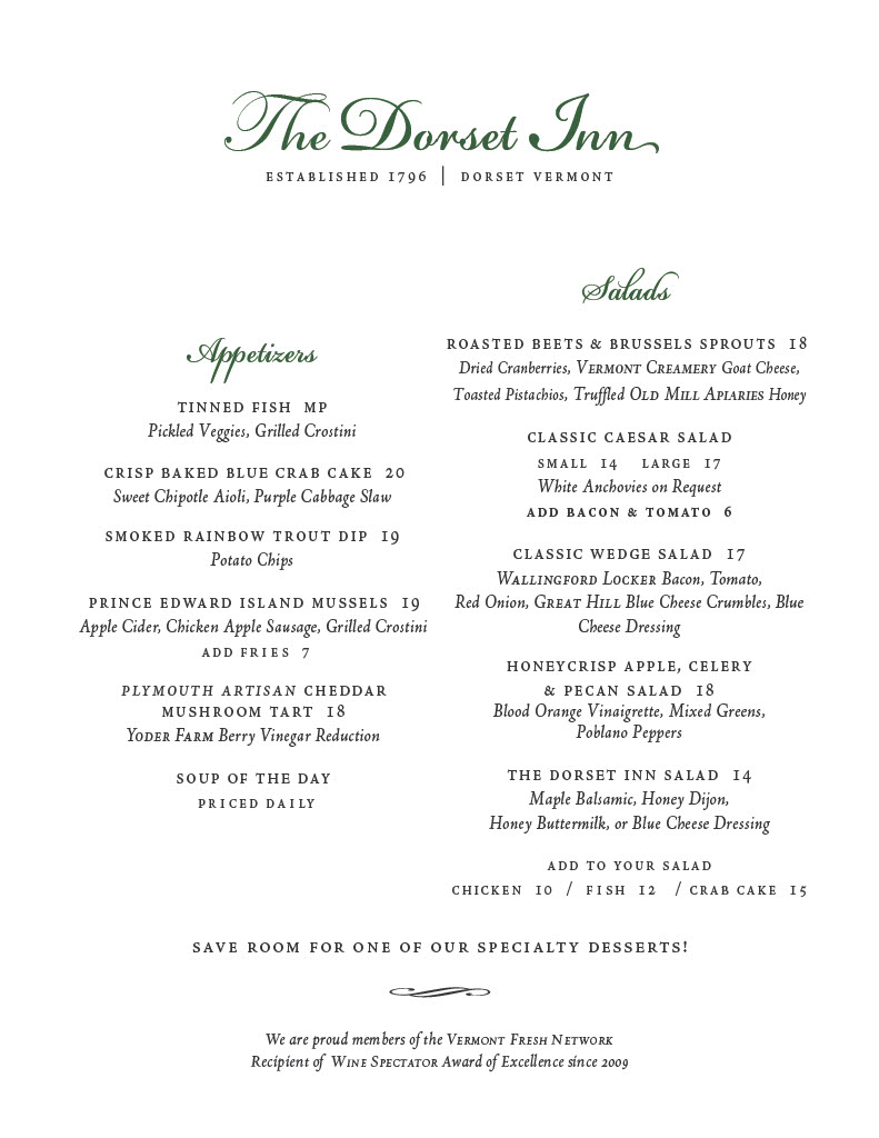 Dorset Inn Restaurant and Tavern menu board