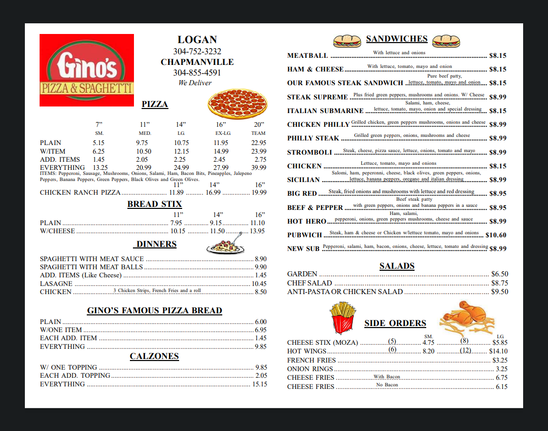 Gino's Pizza & Spaghetti House menu board