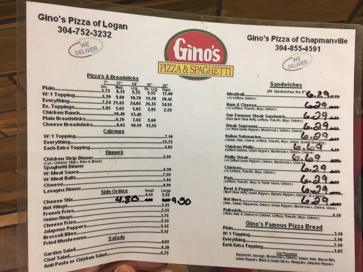 Gino's Pizza & Spaghetti House menu board