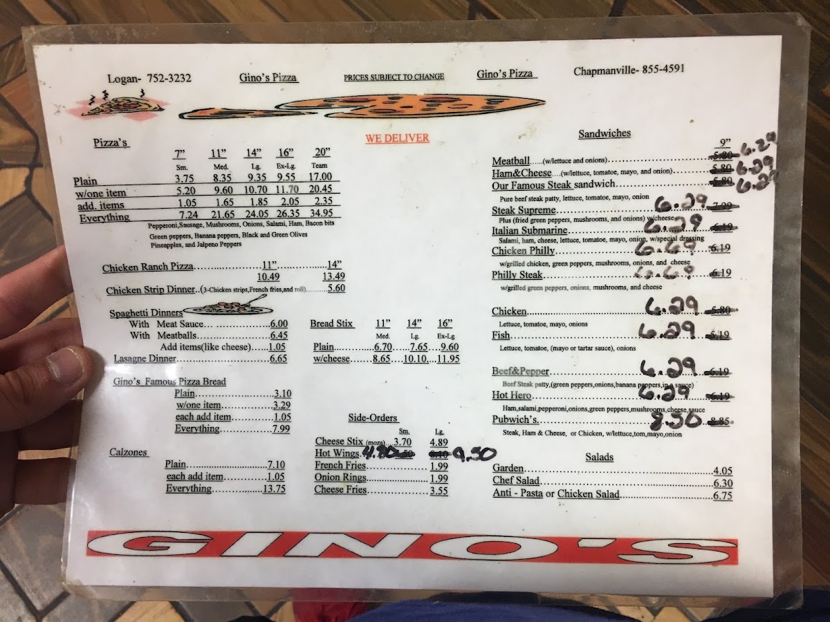 Gino's Pizza & Spaghetti House menu board