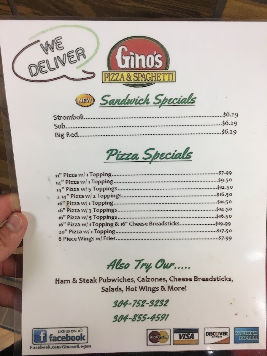 Gino's Pizza & Spaghetti House menu board