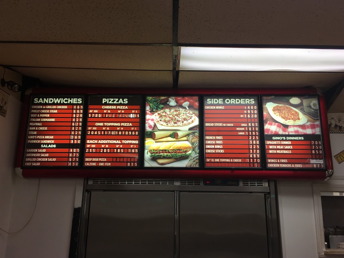Gino's Pizza & Spaghetti House menu board