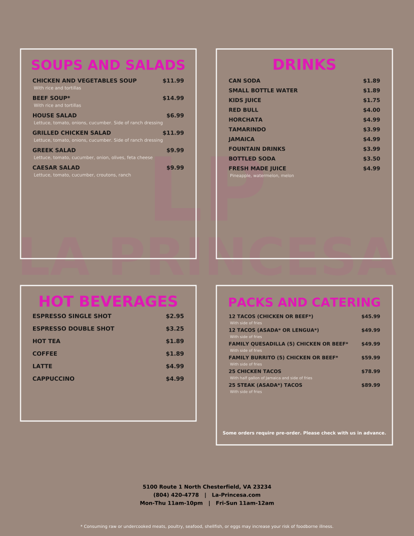 La Princesa Family Restaurant - مطعم الأميرة menu board