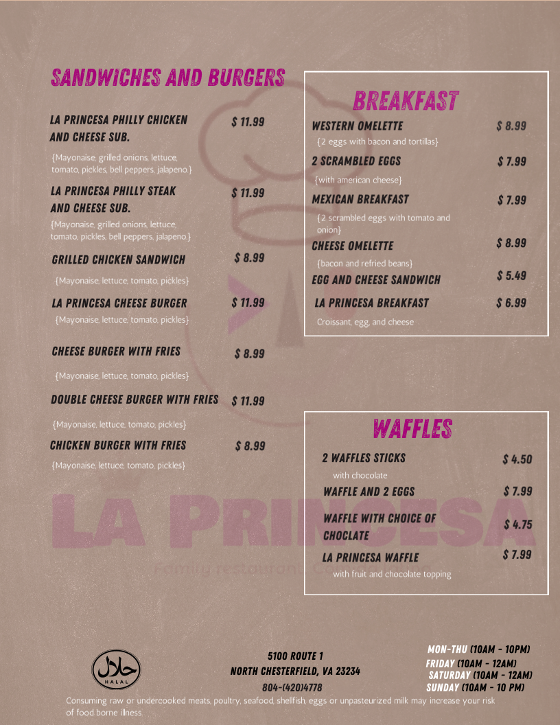 La Princesa Family Restaurant - مطعم الأميرة menu board