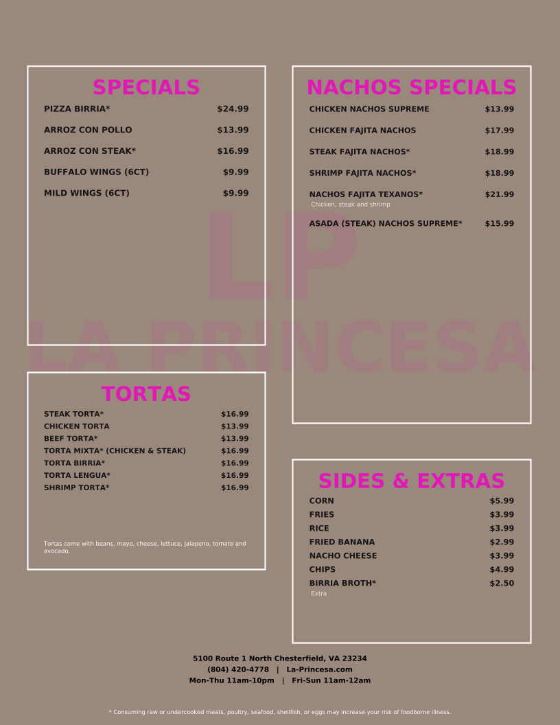 La Princesa Family Restaurant - مطعم الأميرة menu board