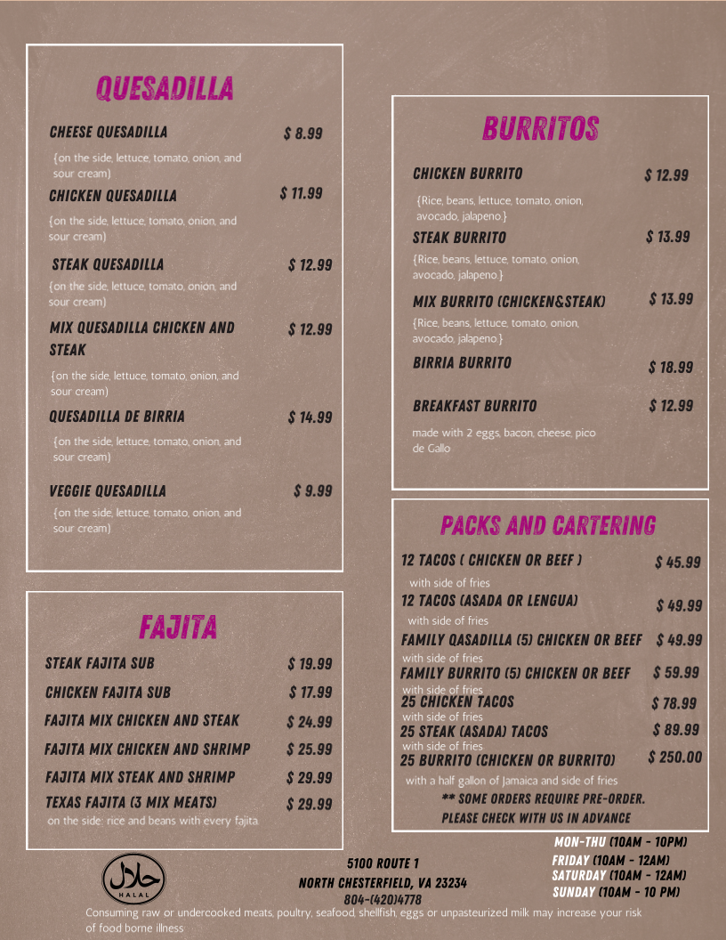 La Princesa Family Restaurant - مطعم الأميرة menu board