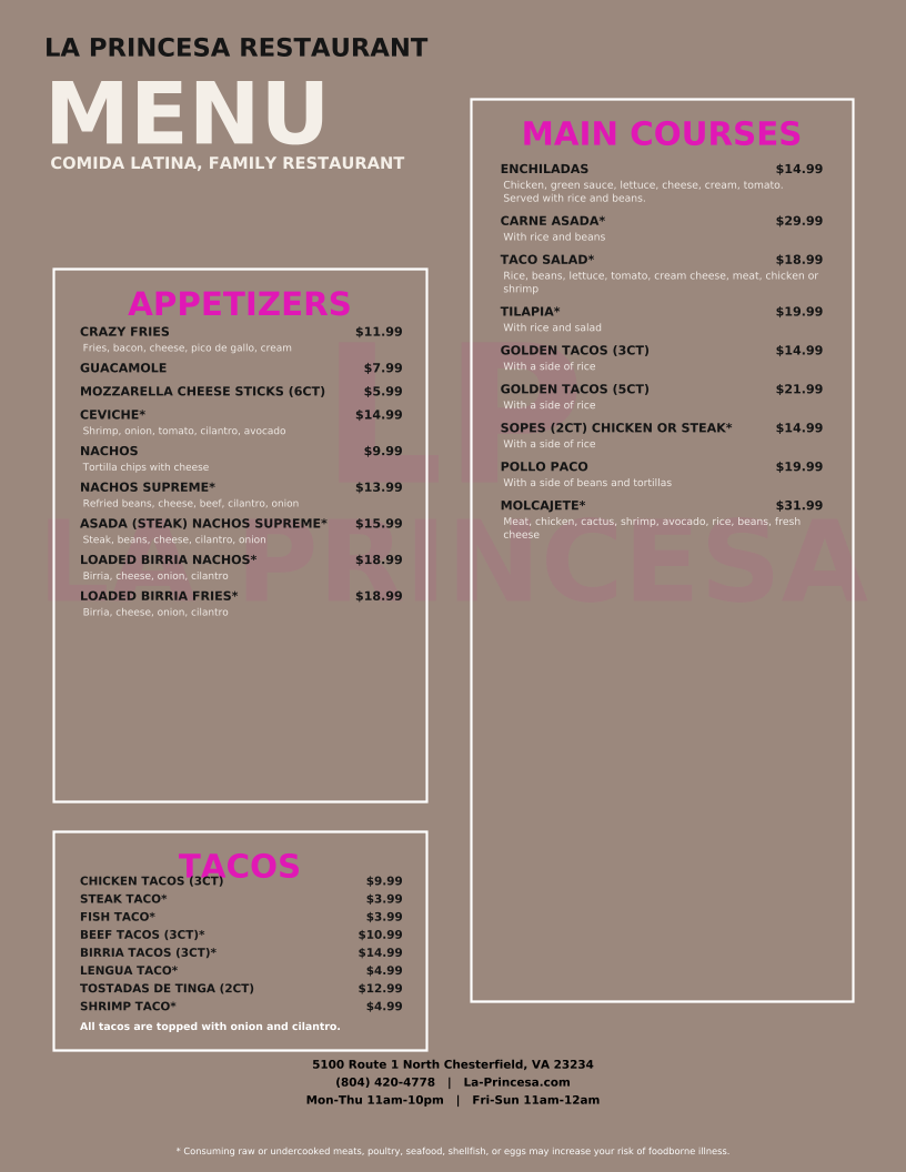 La Princesa Family Restaurant - مطعم الأميرة menu board
